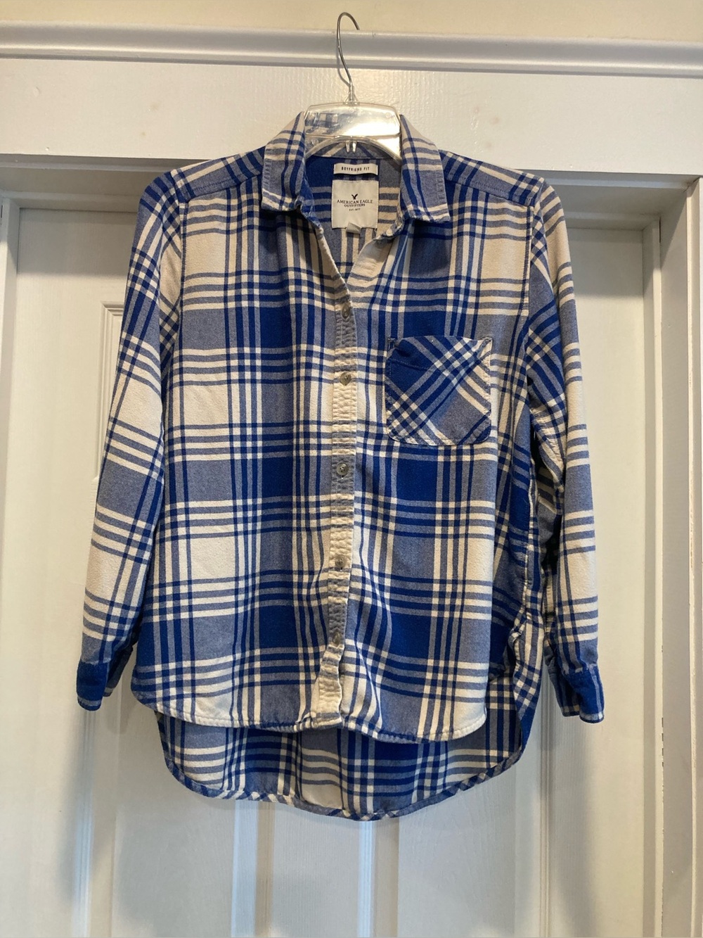 American Eagle | Boyfriend Fit Blue & White Plaid Button-Down Shirt